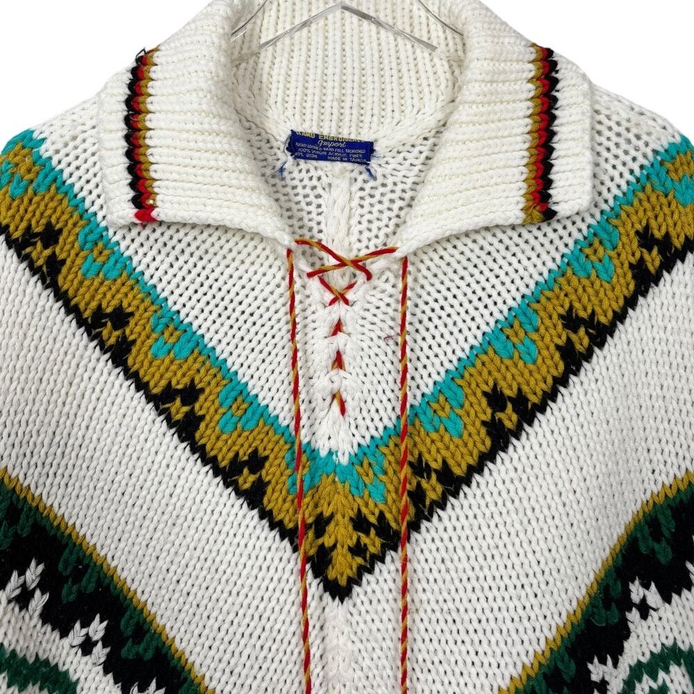 Vintage 1960s Hippie Knit Poncho Fringe Aztec Boho Festival Acrylic Pom Tassel - Picture 2 of 6